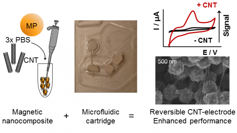 Reversible nanostructuration of microfluidic electrode devices by CNT magnetic co-entrapment